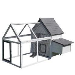 Coupon 💯 Poulailler clapier modèle villa multi-équipée : rampe, nichoirs, perchoirs, plateau excrément, 2 portes bois massif pin gris blanc 🌟