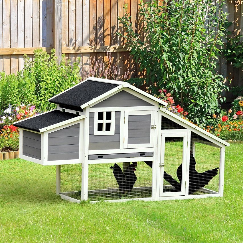 Nouveau 🧨 Poulailler cottage cage à poules surélevé dim. 176L x 65l x 100H cm multi-équipement toit bitumé noir bois sapin gris blanc 🌟 – Image 2