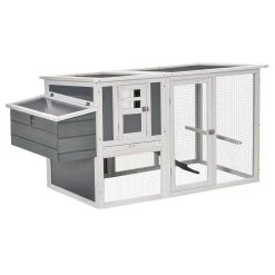 Promo 🔥 Poulailler cottage cage à poules sur pied dim. 162L x 76l x 79H cm multi-équipement toit polycarbonate bois sapin blanc gris 🎁